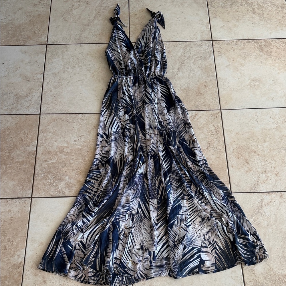 Navy and Cream Tropical Print Tie-Shoulder Maxi Dress